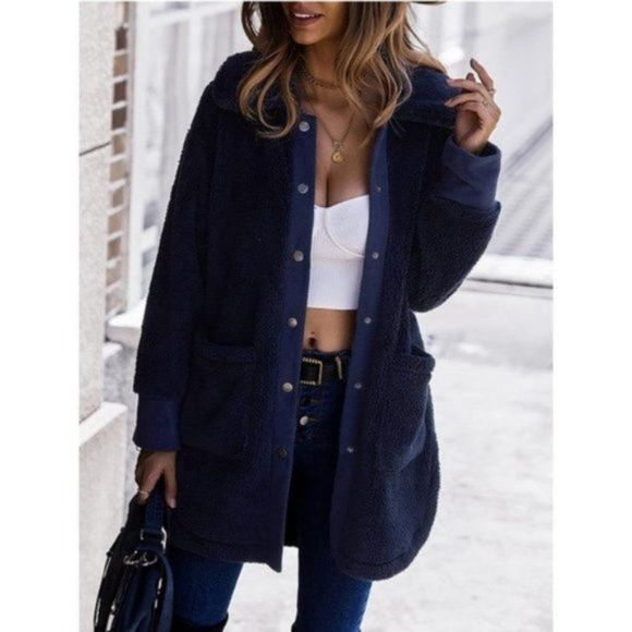 Women's Clau Fuzzy Jackets Faux Fleece Coat Dark Blue - Picture 1 of 5